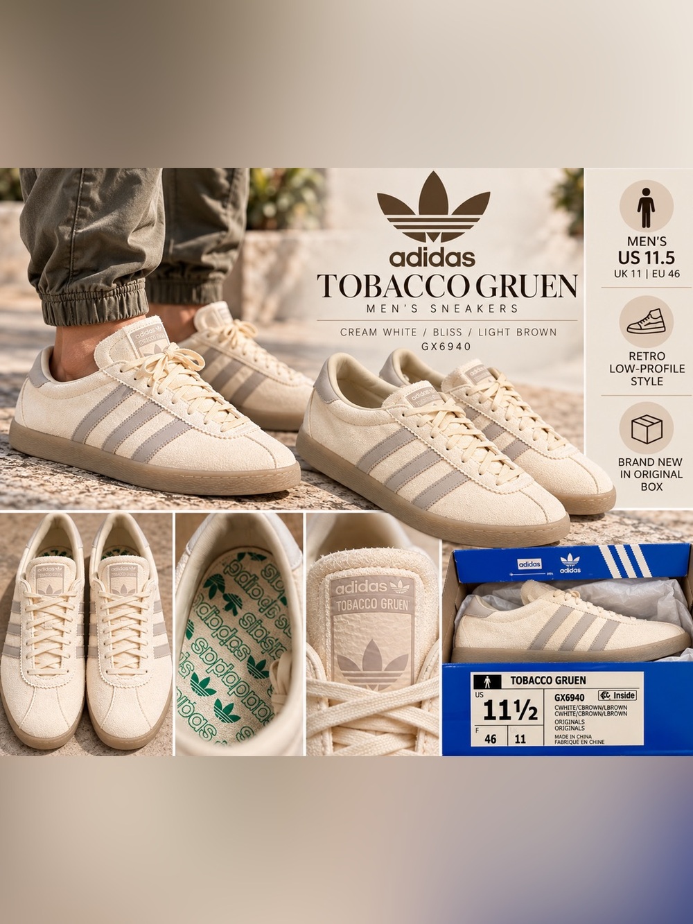 Adidas Originals Tobacco Gruen Men’s 11.5 Cream White GX6940 NIB